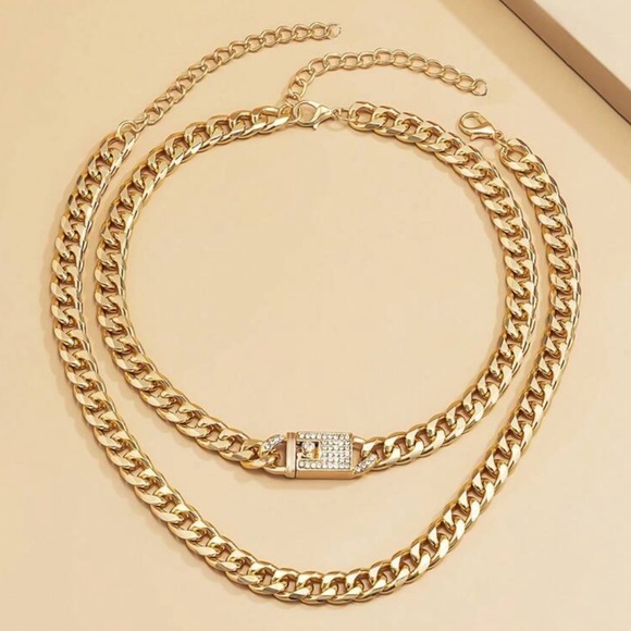 Gold Cuban Chain Necklace with Rhinestone Statement Necklace - Picture 2 of 2